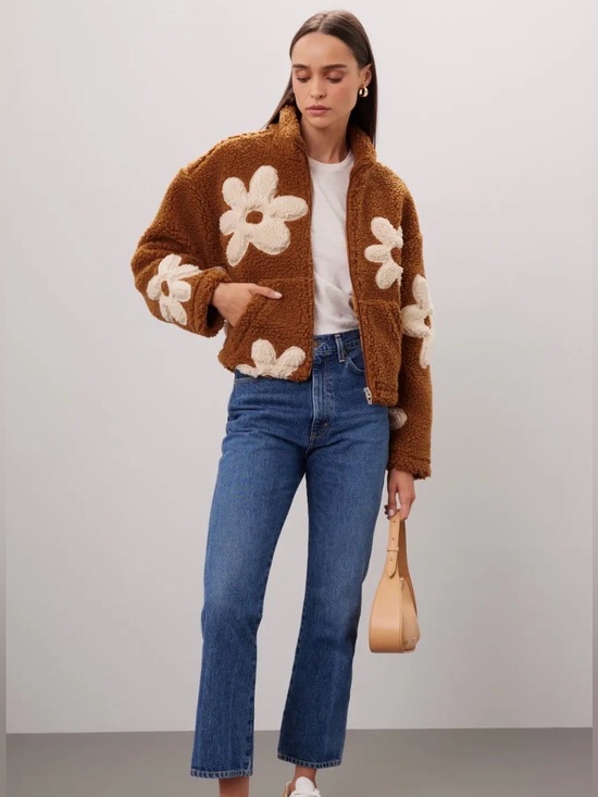 Blank NYC Jackets & Blazers - Blank NYC Kids Brown Sherpa Jacket with Cream Floral Appliqués